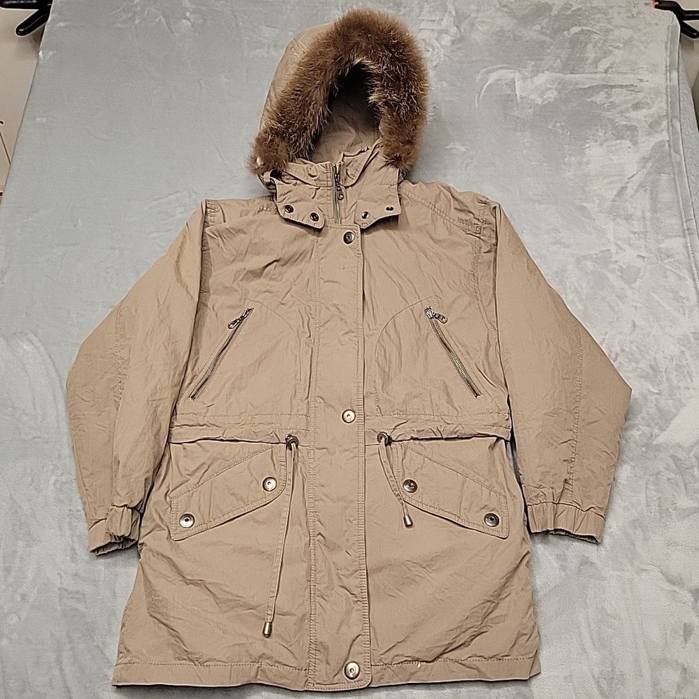 London Fog Jacket Womens XS Tan Parka Fur Trim Hooded Utility Winter Coat